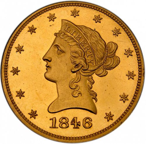 10 dollar Obverse Image minted in UNITED STATES in 1846 (Coronet Head - New-style head, no motto)  - The Coin Database