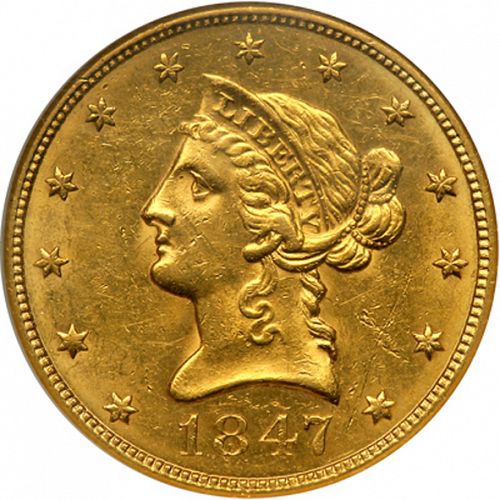 10 dollar Obverse Image minted in UNITED STATES in 1847 (Coronet Head - New-style head, no motto)  - The Coin Database