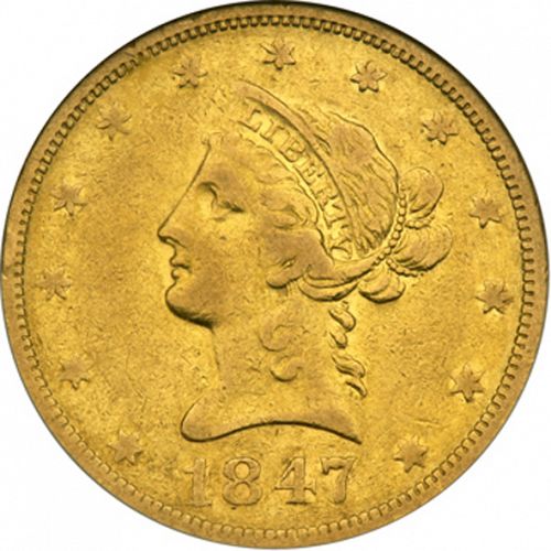 10 dollar Obverse Image minted in UNITED STATES in 1847O (Coronet Head - New-style head, no motto)  - The Coin Database