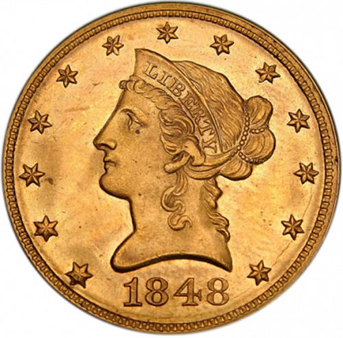 10 dollar Obverse Image minted in UNITED STATES in 1848 (Coronet Head - New-style head, no motto)  - The Coin Database
