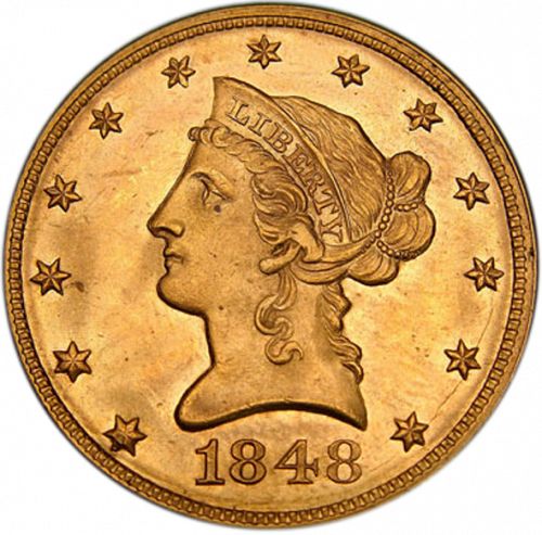10 dollar Obverse Image minted in UNITED STATES in 1848 (Coronet Head - New-style head, no motto)  - The Coin Database