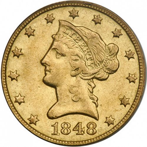 10 dollar Obverse Image minted in UNITED STATES in 1848O (Coronet Head - New-style head, no motto)  - The Coin Database