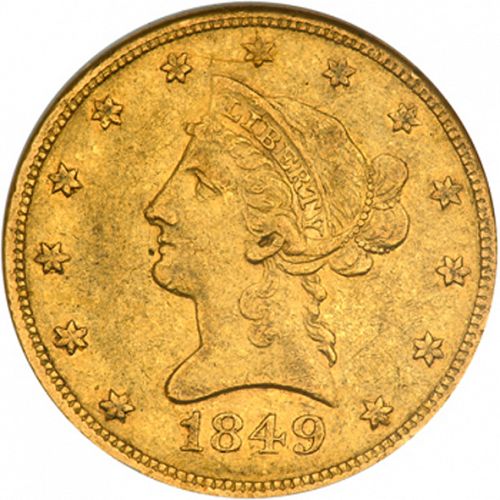 10 dollar Obverse Image minted in UNITED STATES in 1849 (Coronet Head - New-style head, no motto)  - The Coin Database