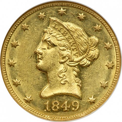 10 dollar Obverse Image minted in UNITED STATES in 1849O (Coronet Head - New-style head, no motto)  - The Coin Database
