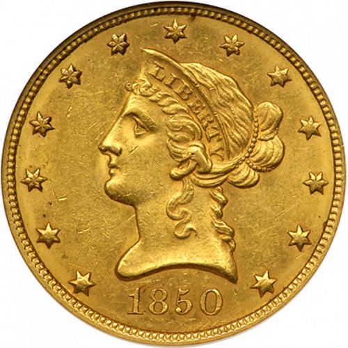 10 dollar Obverse Image minted in UNITED STATES in 1850 (Coronet Head - New-style head, no motto)  - The Coin Database