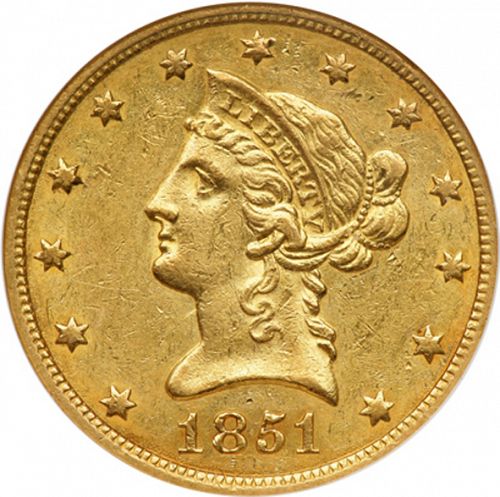 10 dollar Obverse Image minted in UNITED STATES in 1851O (Coronet Head - New-style head, no motto)  - The Coin Database