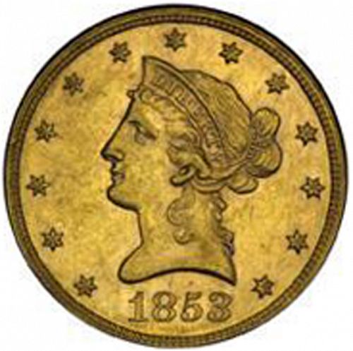 10 dollar Obverse Image minted in UNITED STATES in 1853 (Coronet Head - New-style head, no motto)  - The Coin Database