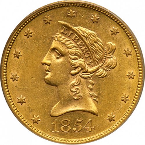 10 dollar Obverse Image minted in UNITED STATES in 1854S (Coronet Head - New-style head, no motto)  - The Coin Database
