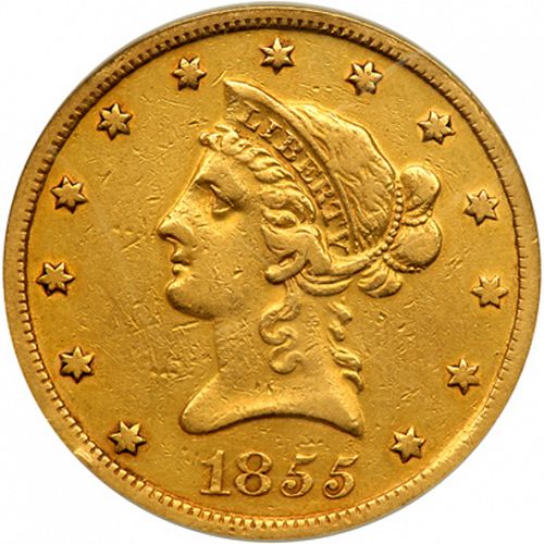 10 dollar Obverse Image minted in UNITED STATES in 1855S (Coronet Head - New-style head, no motto)  - The Coin Database