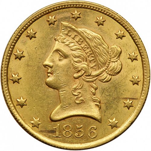 10 dollar Obverse Image minted in UNITED STATES in 1856 (Coronet Head - New-style head, no motto)  - The Coin Database