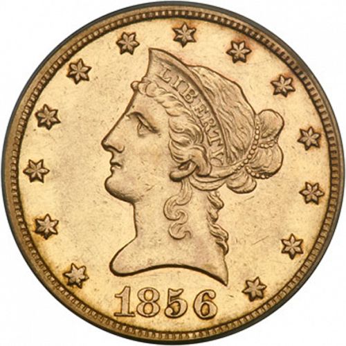 10 dollar Obverse Image minted in UNITED STATES in 1856S (Coronet Head - New-style head, no motto)  - The Coin Database