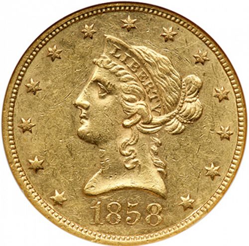 10 dollar Obverse Image minted in UNITED STATES in 1858 (Coronet Head - New-style head, no motto)  - The Coin Database
