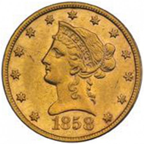 10 dollar Obverse Image minted in UNITED STATES in 1858S (Coronet Head - New-style head, no motto)  - The Coin Database