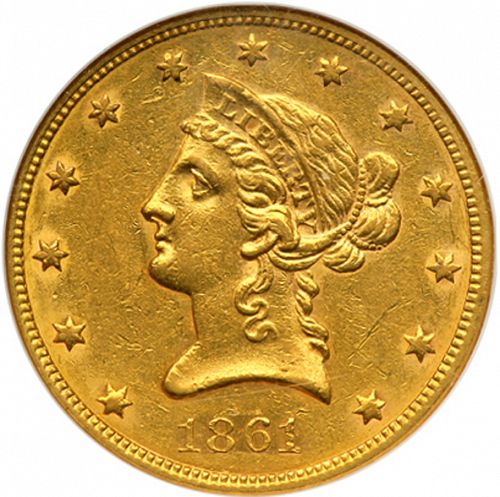 10 dollar Obverse Image minted in UNITED STATES in 1861 (Coronet Head - New-style head, no motto)  - The Coin Database