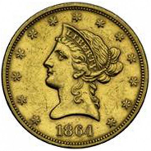10 dollar Obverse Image minted in UNITED STATES in 1864 (Coronet Head - New-style head, no motto)  - The Coin Database