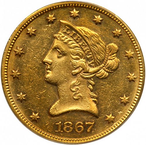 10 dollar Obverse Image minted in UNITED STATES in 1867 (Coronet Head - New-style head, with motto)  - The Coin Database