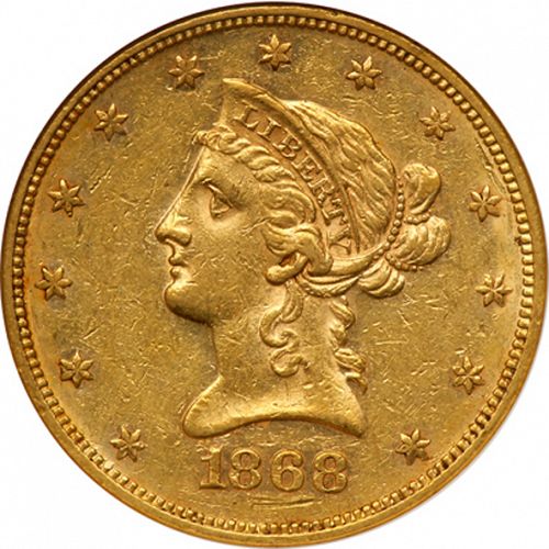 10 dollar Obverse Image minted in UNITED STATES in 1868 (Coronet Head - New-style head, with motto)  - The Coin Database