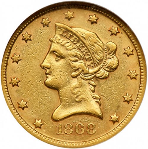 10 dollar Obverse Image minted in UNITED STATES in 1868S (Coronet Head - New-style head, with motto)  - The Coin Database