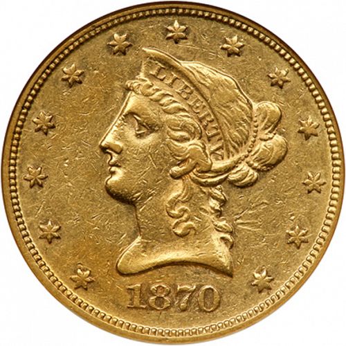 10 dollar Obverse Image minted in UNITED STATES in 1870 (Coronet Head - New-style head, with motto)  - The Coin Database