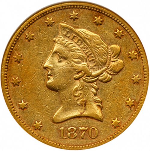 10 dollar Obverse Image minted in UNITED STATES in 1870CC (Coronet Head - New-style head, with motto)  - The Coin Database