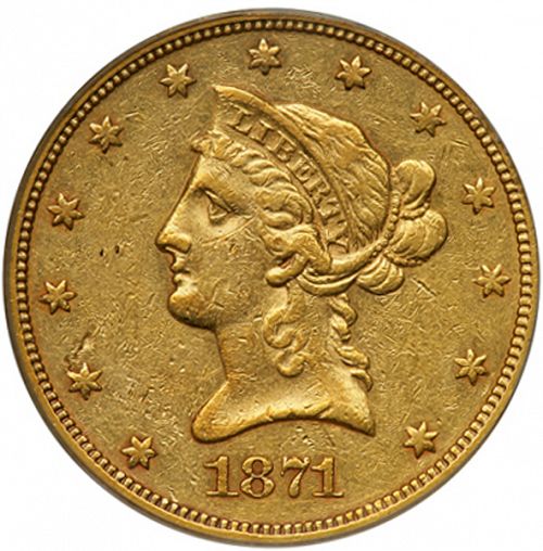 10 dollar Obverse Image minted in UNITED STATES in 1871CC (Coronet Head - New-style head, with motto)  - The Coin Database