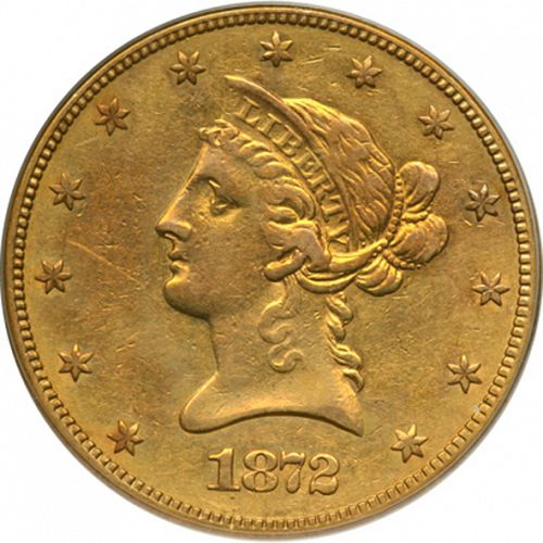 10 dollar Obverse Image minted in UNITED STATES in 1872CC (Coronet Head - New-style head, with motto)  - The Coin Database