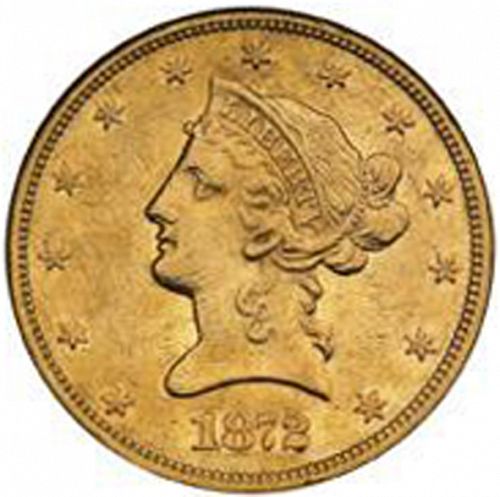 10 dollar Obverse Image minted in UNITED STATES in 1872S (Coronet Head - New-style head, with motto)  - The Coin Database