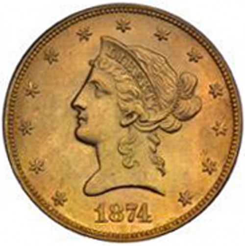 10 dollar Obverse Image minted in UNITED STATES in 1874 (Coronet Head - New-style head, with motto)  - The Coin Database