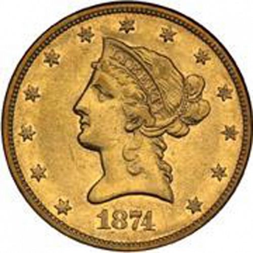10 dollar Obverse Image minted in UNITED STATES in 1874CC (Coronet Head - New-style head, with motto)  - The Coin Database