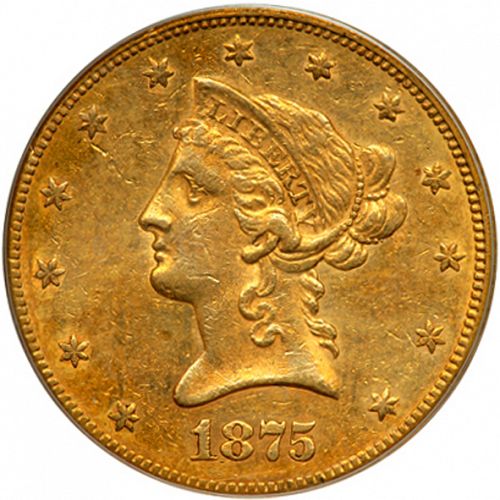 10 dollar Obverse Image minted in UNITED STATES in 1875CC (Coronet Head - New-style head, with motto)  - The Coin Database