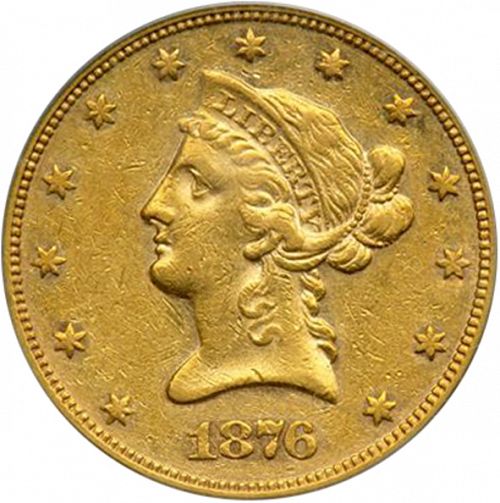 10 dollar Obverse Image minted in UNITED STATES in 1876 (Coronet Head - New-style head, with motto)  - The Coin Database