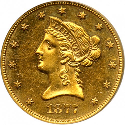 10 dollar Obverse Image minted in UNITED STATES in 1877 (Coronet Head - New-style head, with motto)  - The Coin Database