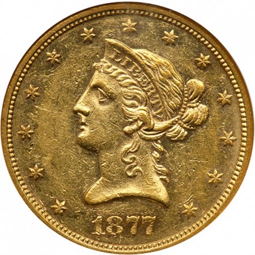 10 dollar Obverse Image minted in UNITED STATES in 1877S (Coronet Head - New-style head, with motto)  - The Coin Database