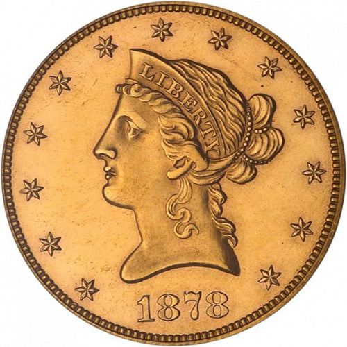 10 dollar Obverse Image minted in UNITED STATES in 1878 (Coronet Head - New-style head, with motto)  - The Coin Database