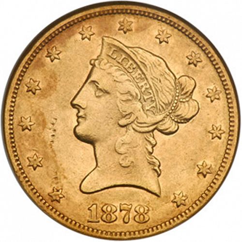 10 dollar Obverse Image minted in UNITED STATES in 1878CC (Coronet Head - New-style head, with motto)  - The Coin Database