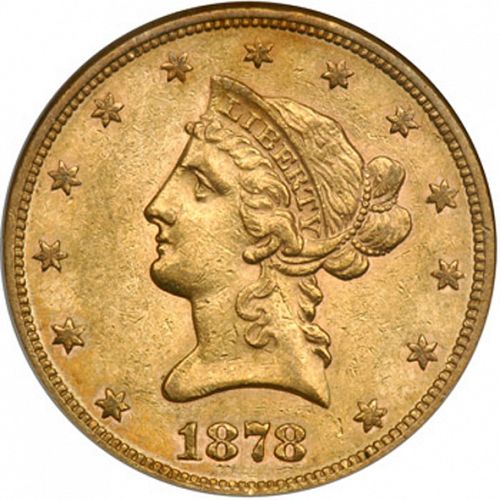 10 dollar Obverse Image minted in UNITED STATES in 1878S (Coronet Head - New-style head, with motto)  - The Coin Database