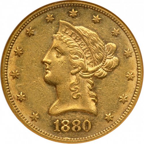 10 dollar Obverse Image minted in UNITED STATES in 1880CC (Coronet Head - New-style head, with motto)  - The Coin Database