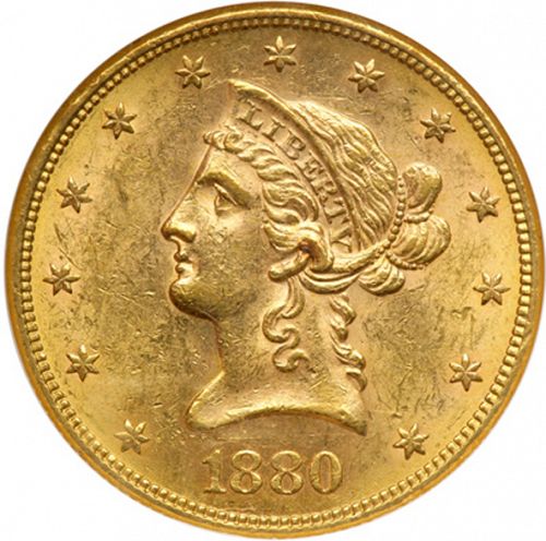 10 dollar Obverse Image minted in UNITED STATES in 1880S (Coronet Head - New-style head, with motto)  - The Coin Database