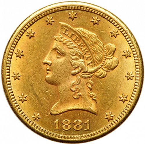 10 dollar Obverse Image minted in UNITED STATES in 1881CC (Coronet Head - New-style head, with motto)  - The Coin Database