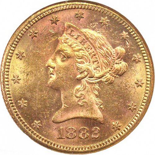 10 dollar Obverse Image minted in UNITED STATES in 1882 (Coronet Head - New-style head, with motto)  - The Coin Database