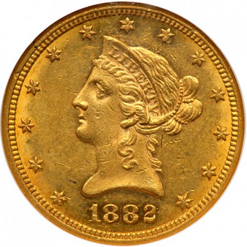 10 dollar Obverse Image minted in UNITED STATES in 1882CC (Coronet Head - New-style head, with motto)  - The Coin Database