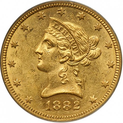 10 dollar Obverse Image minted in UNITED STATES in 1882O (Coronet Head - New-style head, with motto)  - The Coin Database
