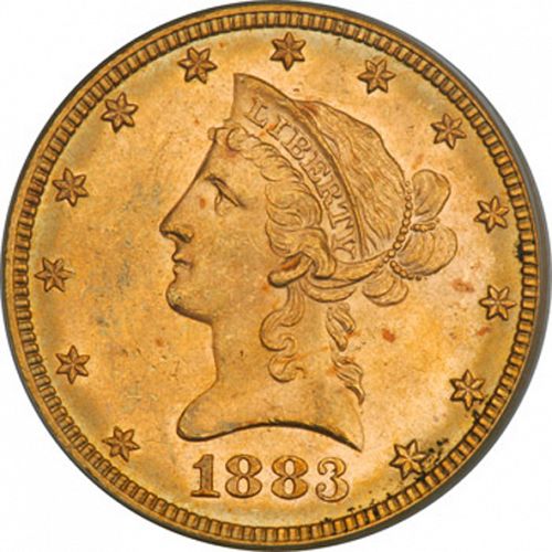 10 dollar Obverse Image minted in UNITED STATES in 1883 (Coronet Head - New-style head, with motto)  - The Coin Database