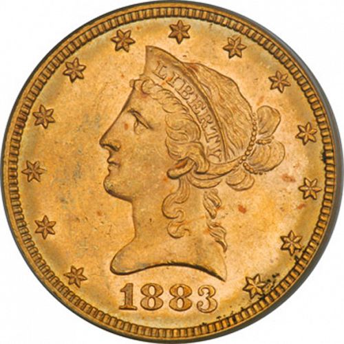 10 dollar Obverse Image minted in UNITED STATES in 1883 (Coronet Head - New-style head, with motto)  - The Coin Database