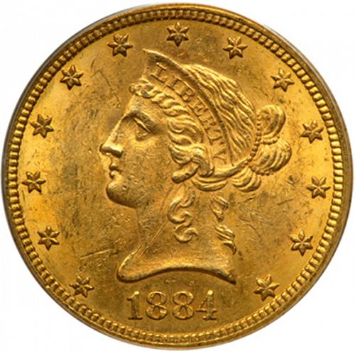 10 dollar Obverse Image minted in UNITED STATES in 1884CC (Coronet Head - New-style head, with motto)  - The Coin Database