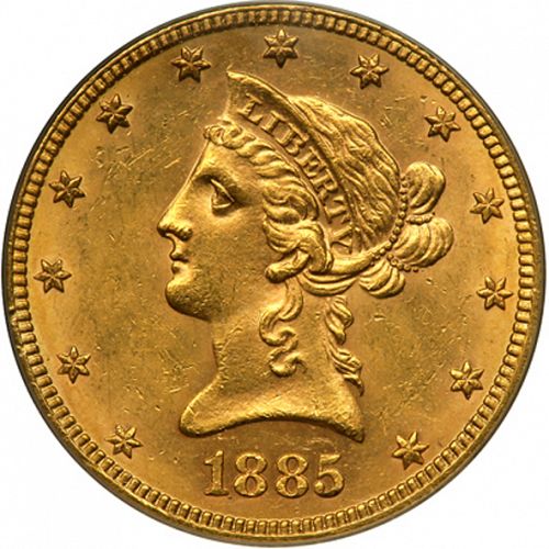 10 dollar Obverse Image minted in UNITED STATES in 1885 (Coronet Head - New-style head, with motto)  - The Coin Database
