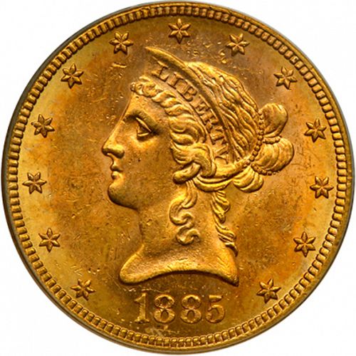 10 dollar Obverse Image minted in UNITED STATES in 1885S (Coronet Head - New-style head, with motto)  - The Coin Database