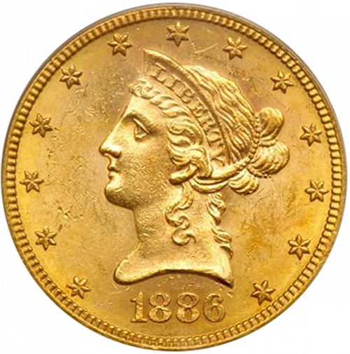 10 dollar Obverse Image minted in UNITED STATES in 1886S (Coronet Head - New-style head, with motto)  - The Coin Database