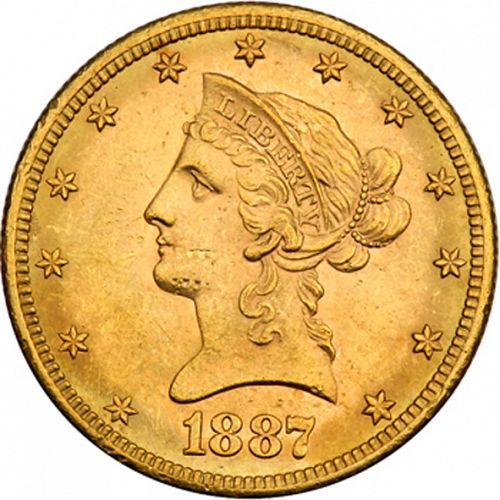 10 dollar Obverse Image minted in UNITED STATES in 1887S (Coronet Head - New-style head, with motto)  - The Coin Database