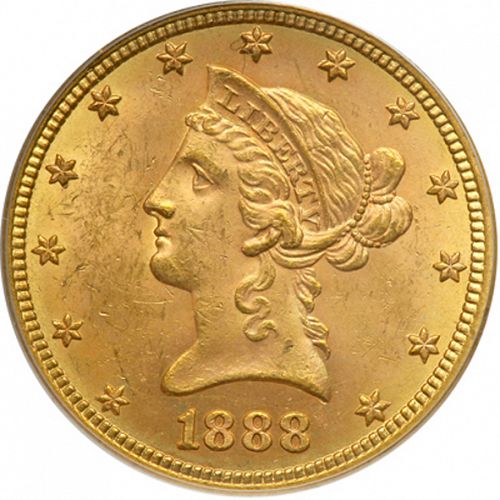 10 dollar Obverse Image minted in UNITED STATES in 1888S (Coronet Head - New-style head, with motto)  - The Coin Database
